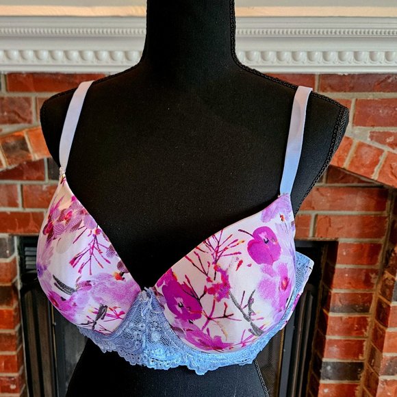 Lane Bryant Cacique Lavender Flowers & Lt Blue Lace Trim Bra. Size 44B - Picture 1 of 3